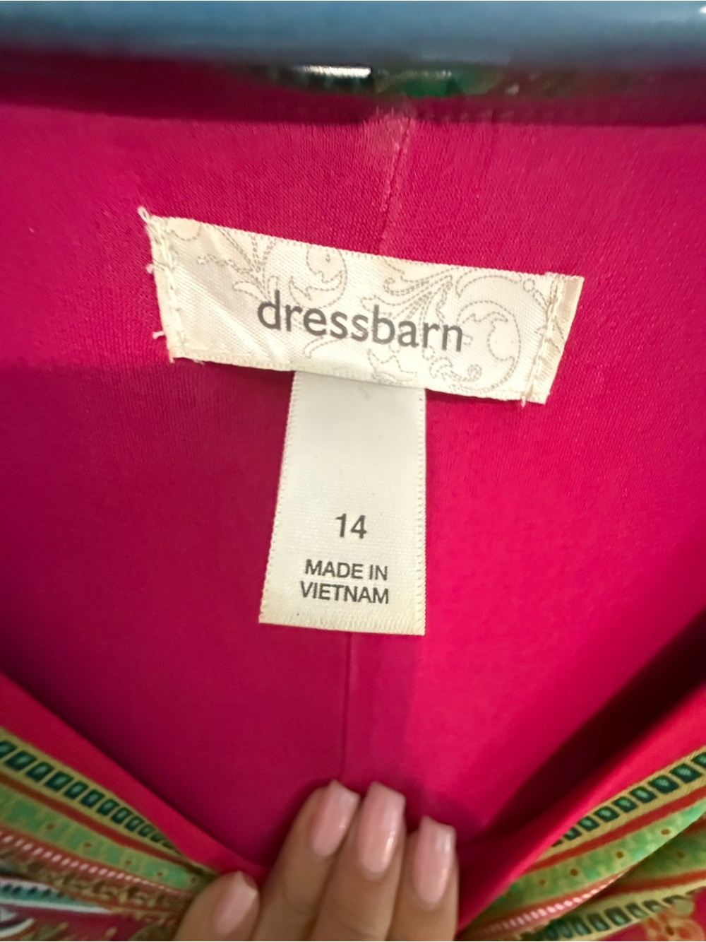 dressbarn Pink, Green and Gold Patterned V-Neck Midi Dress - Picture 3 of 3